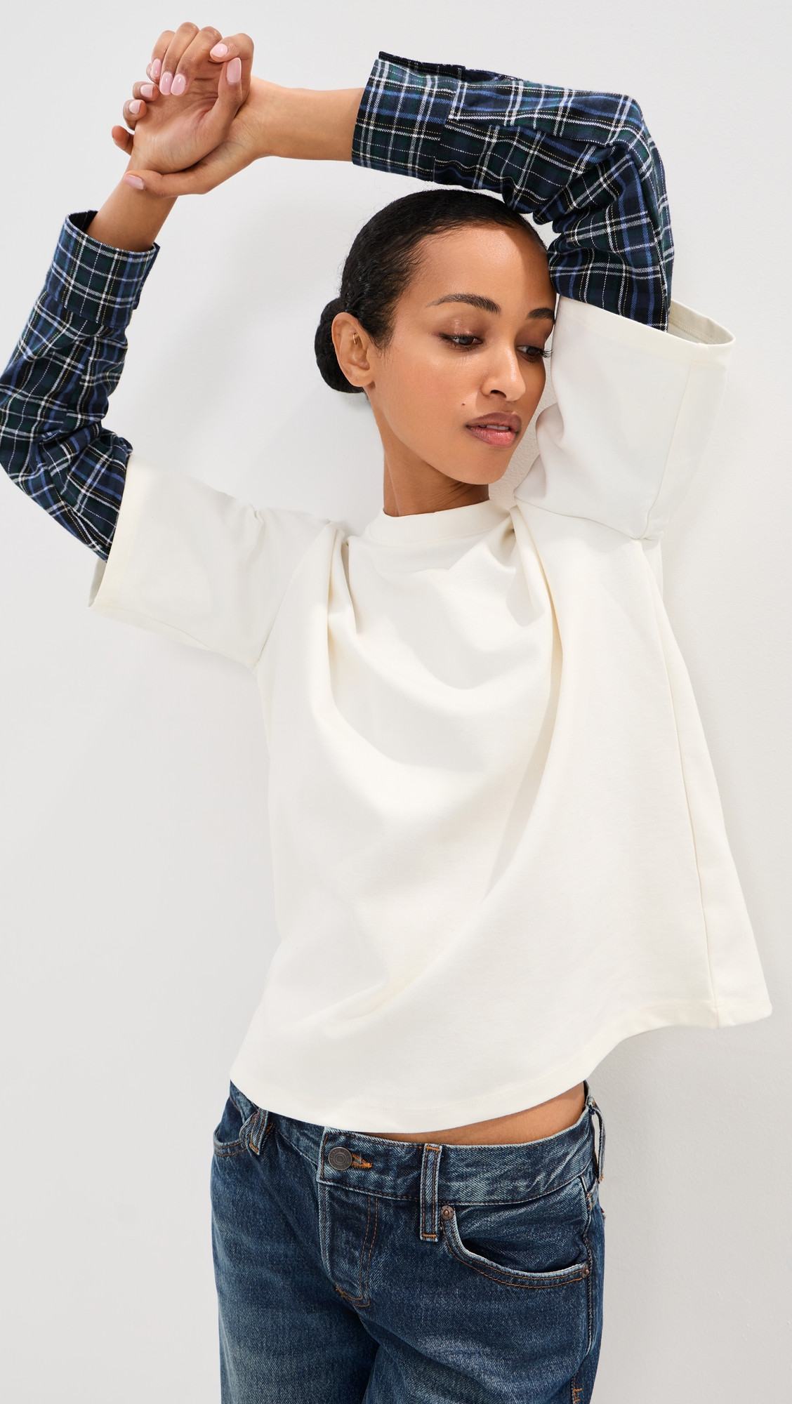 LE BOP Phoenix Double Layer Shirt Off White/Navy Plaid XS | Shopbop