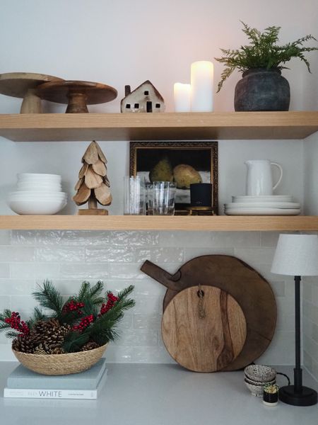 Festive kitchen styling, open shelves, neutral kitchen inspo, dinnerware, Christmas decor 

#LTKeurope #LTKhome #LTKHoliday