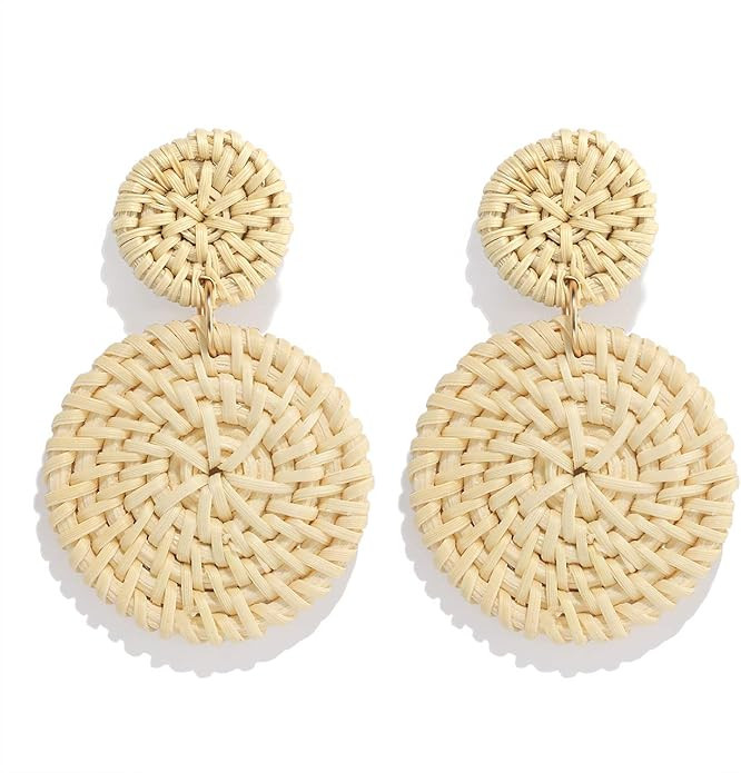 Weave Straw Double Disc Drop Earrings Boho Rattan Dangle Statement Earrings | Amazon (US)
