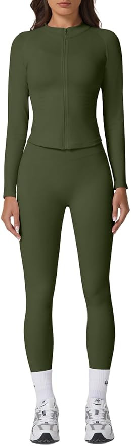 QINSEN Two Piece Workout Sets For Women Long Sleeve Athletic Jacket Matching High Waist Booty Lif... | Amazon (US)