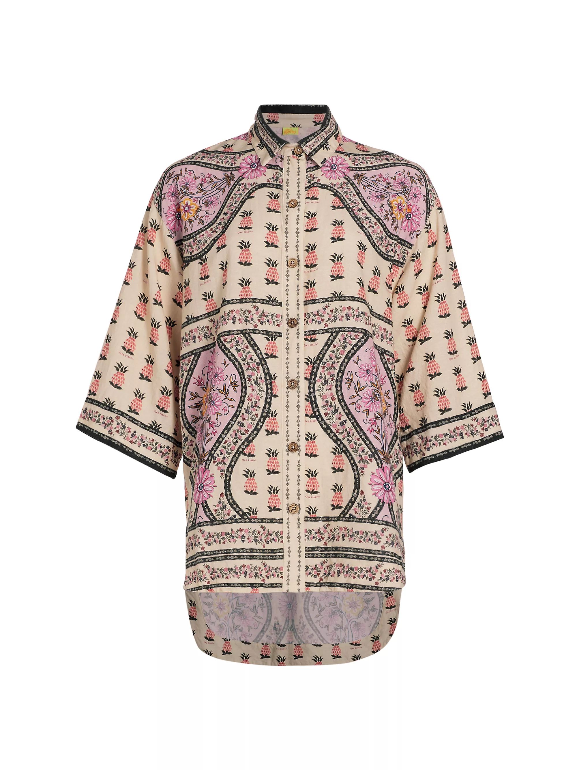 Chrissy Aguja Floral Cotton-Blend Three-Quarter-Sleeve Shirt | Saks Fifth Avenue