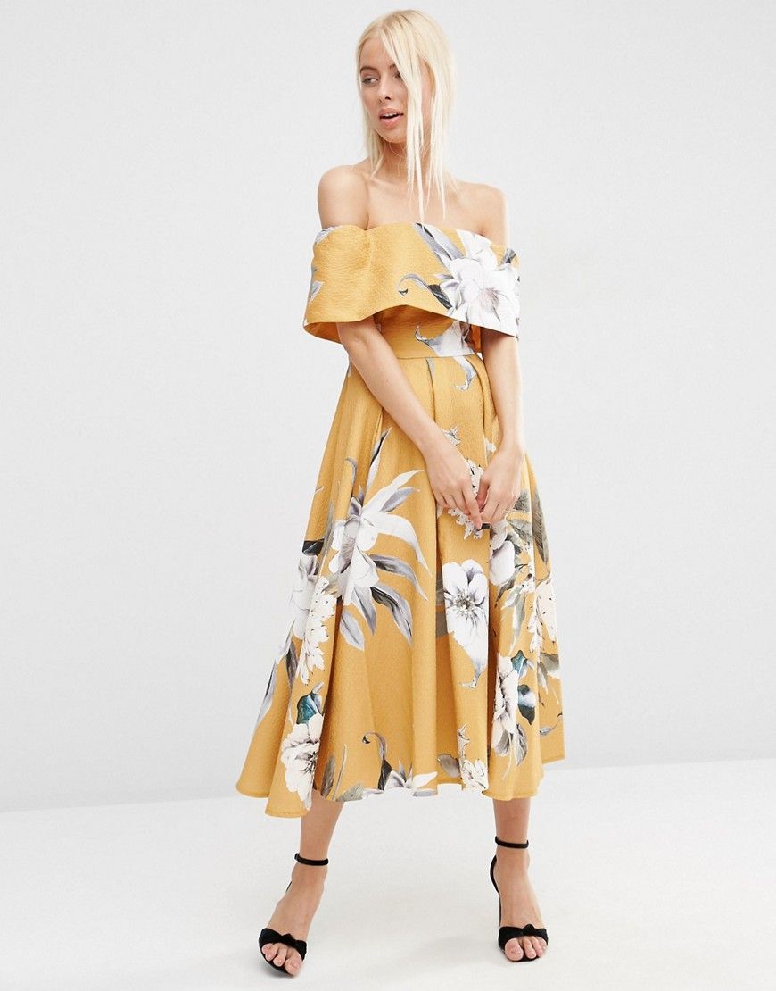 ASOS Premium Off The Shoulder Bardot Midi Prom Dress In Mustard Floral | ASOS US