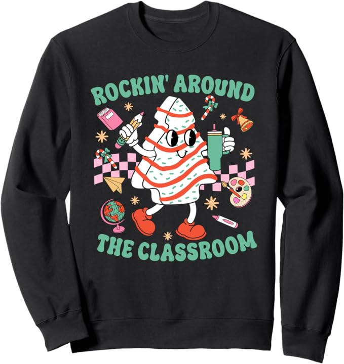 Groovy Rocking Around Classroom Teacher Christmas Tree Cake Sweatshirt | Amazon (US)