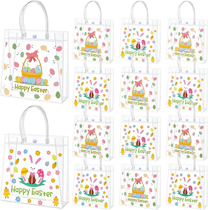 Motipuns 24 Pcs Happy Easter Gift Bags Reusable Clear PVC Bunny Treat Bags with Handles Egg Goodi... | Amazon (US)