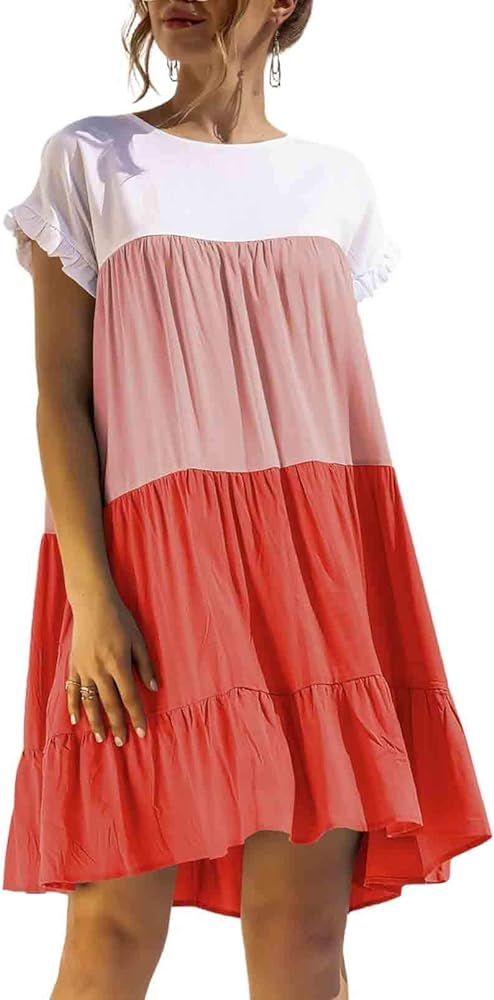 Pink Wind Women's Color Block Crewneck Babydoll Mini Dress Short Sleeve Ruffles Pleated Loose Swi... | Amazon (US)
