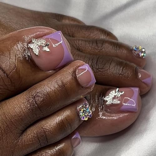 Purple French Tip Press on Toenails Short Square Pink Fake Toe Nails with Silver Butterfly Design Glitter Rhinestone Stick on Toenails Acrylic Toe Nails for Women Diamond Pink Toenail Press Ons Summer | Amazon (US)