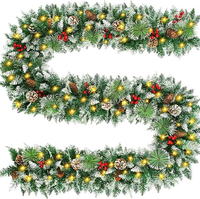 9FT Christmas Garland with 100 Lights & Timer - Prelit Garland Christmas Lighted Garland, Xmas Ga... | Amazon (US)