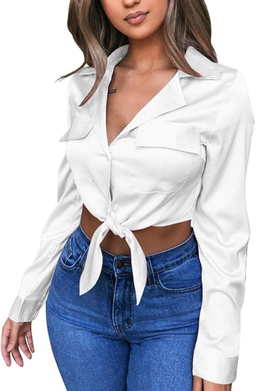 GOBLES Womens Sexy Long Sleeve Blouses V Neck Tie Knot Tops Button Up Shirts | Amazon (US)