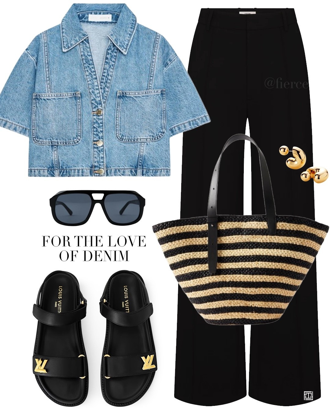 Denim top black trousers black dad sandals striped raffia bag casual summer spring look weekend outfit 

#LTKspring #LTKuk #LTKeurope