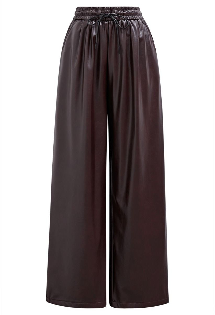 City Stroll Faux Leather Drawstring Pants in Burgundy | Chicwish