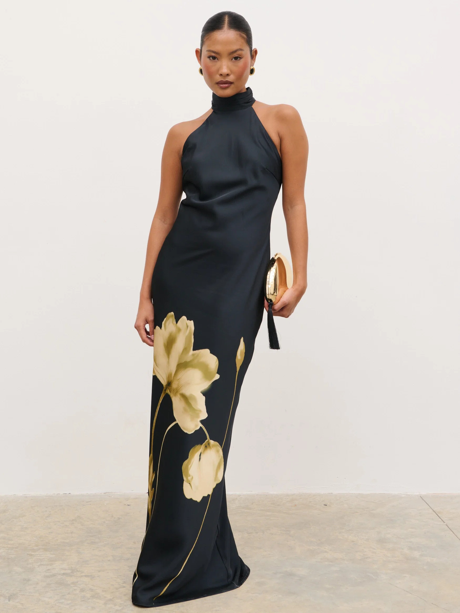 Kiara Halterneck Maxi Dress - Largescale Poppy Petal Gold | Pretty Lavish (UK)