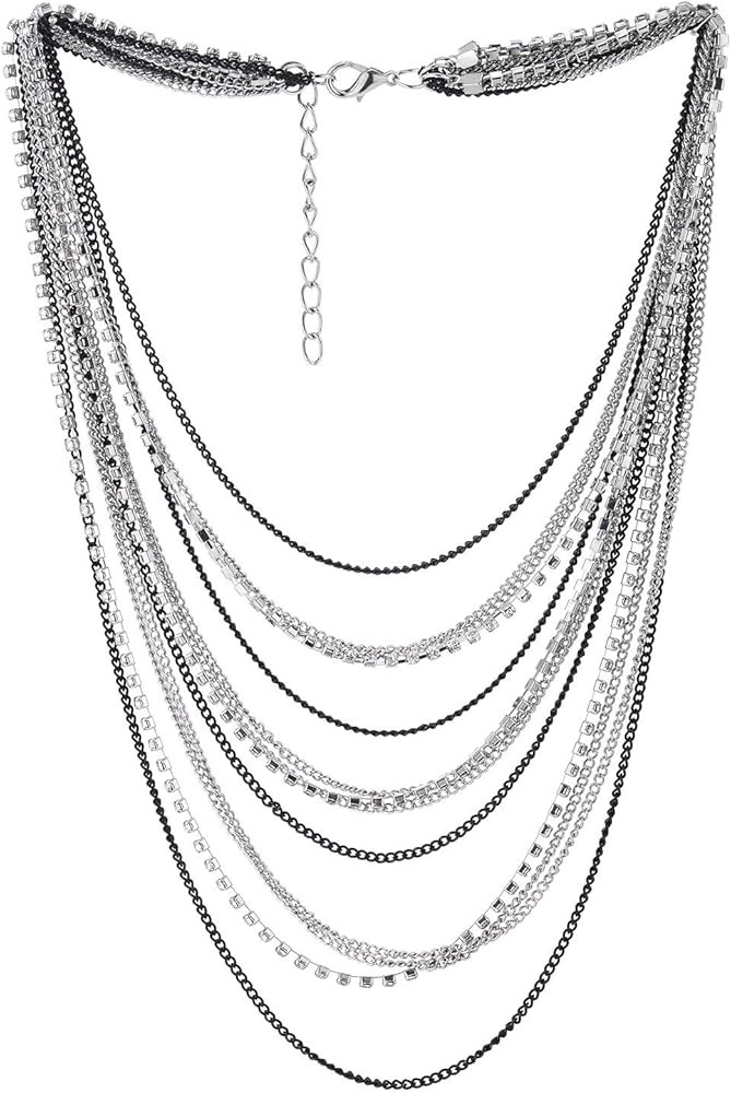 COOLSTEELANDBEYOND Multi-Strand Chains Collar Necklace with Rhinestones | Amazon (US)