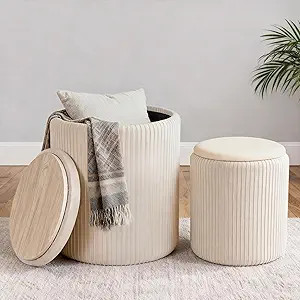 CAROLMADE Set of 2 Round Ottoman with Storage, Upholstered Vanity Stool Support 330lbs Multifunct... | Amazon (US)