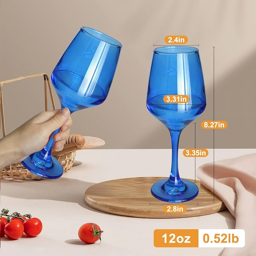 Blue Wine Glasses Set of 6-12oz Blue Long Stem Wine Glass Cups, Pretty Crystal Glassware, Hand Bl... | Amazon (US)