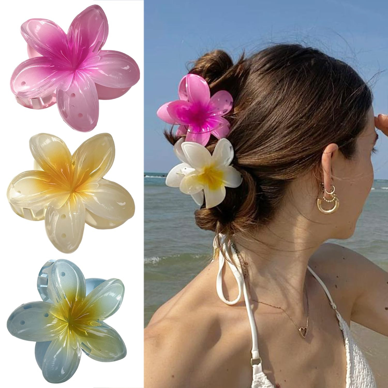 3Pcs Large Hawaiian Flower Hair Clips Pink Yellow Blue Plumeria Hair Accessories Summer Flowers H... | Amazon (US)