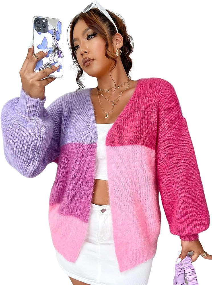 Verdusa Women's Plus Size Colorblock Lantern Sleeve Open Front Furry Cardigan Sweater Purple Pink | Amazon (US)