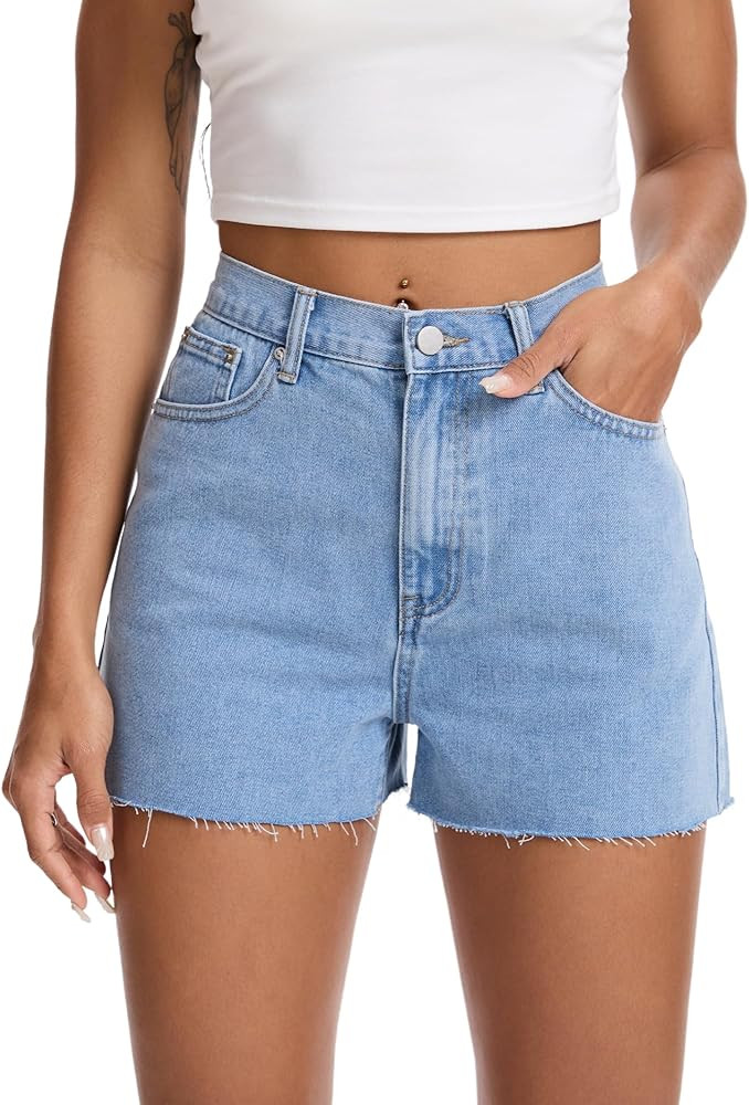 Mid Waist Denim Shorts for Women Casual Cut-Off Raw Hem Jeans Short for Summer Vocation Beach | Amazon (US)