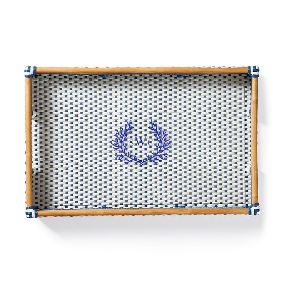 Rattan Bistro Tray, Large, White-Navy | Mark and Graham