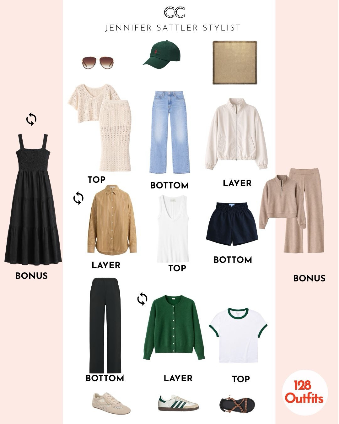 5 samples and all the outfits ⬇️

https://closetchoreography.com/the-european-summer-carry-on-capsule-11-pieces-over-128-outfits/