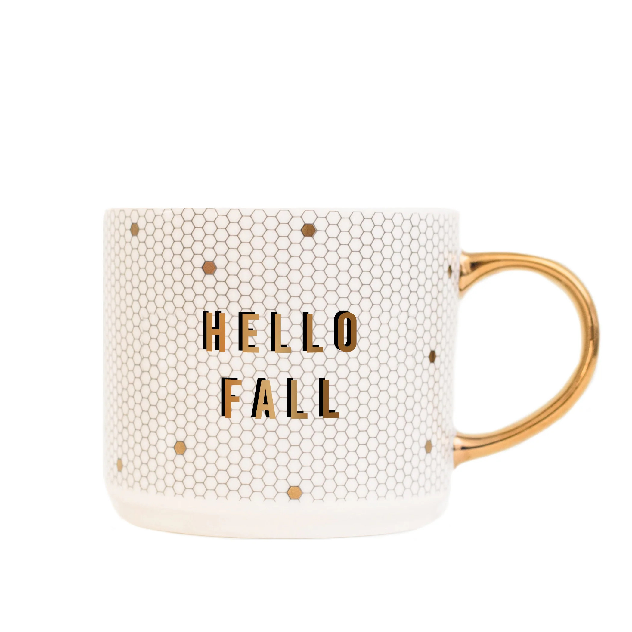 Hello Fall - White + Gold Honeycomb Tile Coffee Mug | Sweet Water Decor, LLC