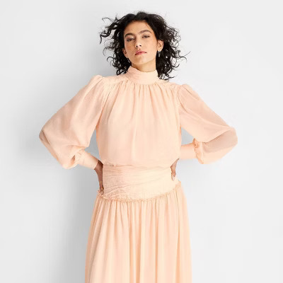 Women's Long Sleeve Crinkle Blouse - Future Collective Peach Orange S: Mock Turtle Neck, Woven, Machine Washable | Target