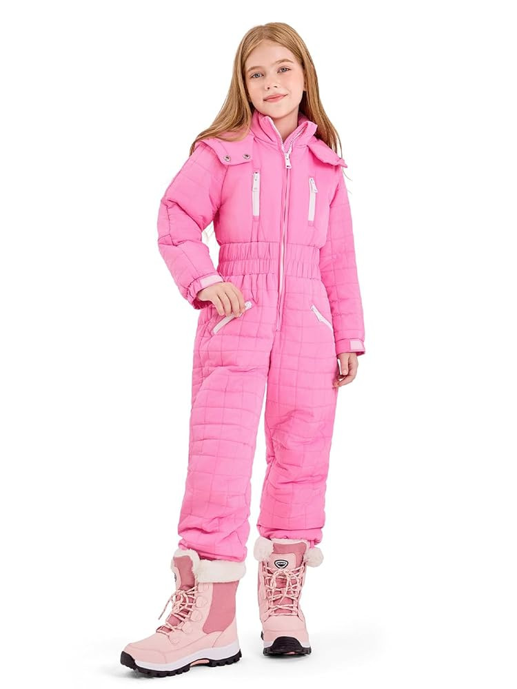 Haloumoning Kids Snow Suit Girls Hooded Waterproof Insulated One Piece Ski Suit 5-14 Years | Amazon (US)