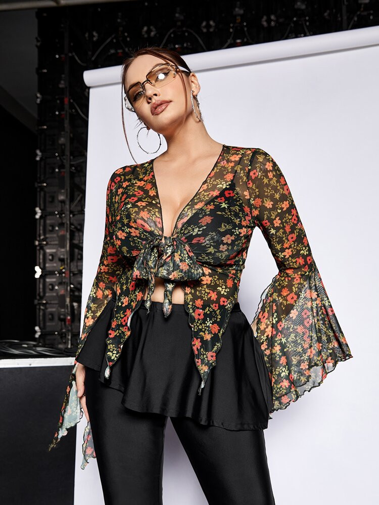 SHEIN ICON Plus Allover Floral Print Knot Front Bell Sleeve Mesh Top | SHEIN