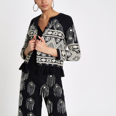 BLACK EMBROIDERED TASSEL JACKET | River Island (UK & IE)