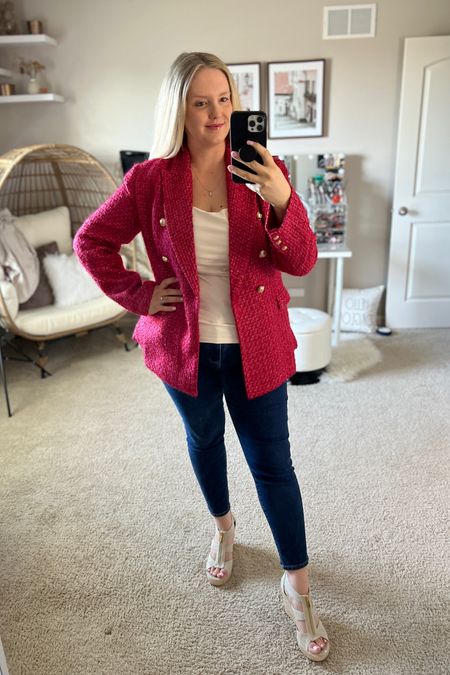 Fun and seasonally in style blazer and skinny jeans. Cute work outfit or casual style to wear to brunch or on a night out!

#LTKfindsunder100 #LTKworkwear #LTKshoecrush