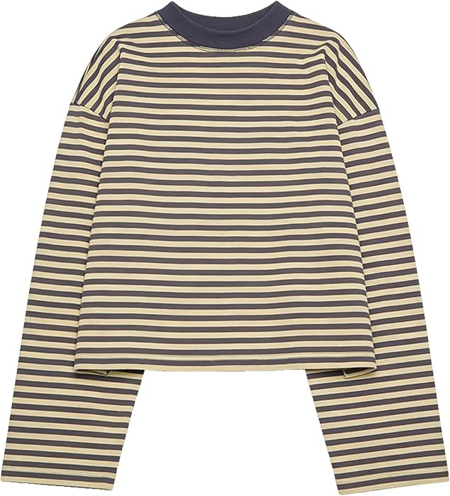Striped Bloom Long Sleeve Shirt for Women Boxy Tee Top Streetwear | Amazon (US)