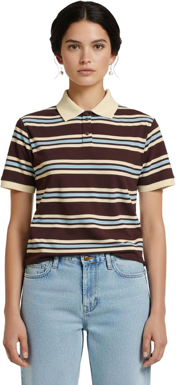 Women Striped Rugby Shirts Y2K Vintage Collared Neck Button Up Cropped Polo Shirts Summer Preppy ... | Amazon (US)