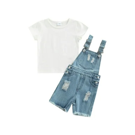 Toddler Baby Boy Girl Overalls Outfit White Short Sleeve Round Neck T-Shirt and Ripped Denim Suspend | Walmart (US)