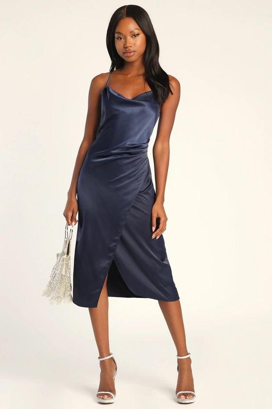 Hollywood Woman Navy Blue Satin Midi Dress | Lulus (US)