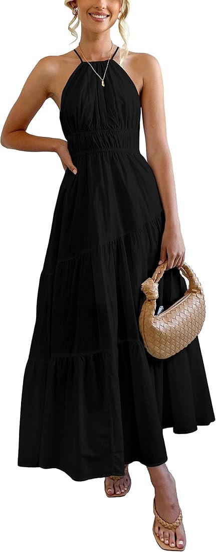Womens Halter Sleeveless Boho Dress Casual Sexy Flowy Pleated High Waist A-Line Babydoll Midi Dre... | Amazon (US)