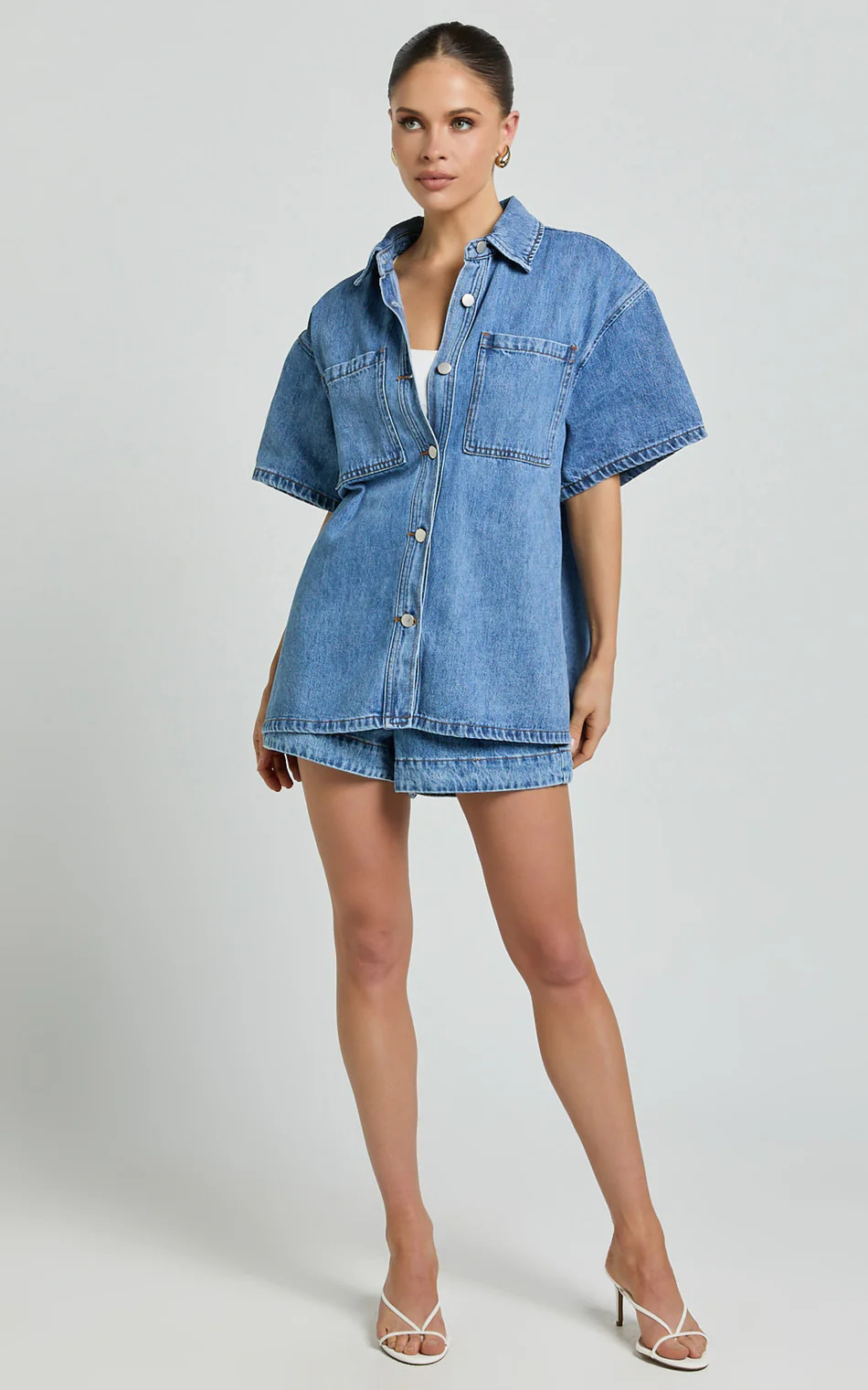 Rhianna Top - Oversized Recycled Denim Hardware Detail Short Sleeve Shirt in Mid Blue Wash | Showpo (ANZ)