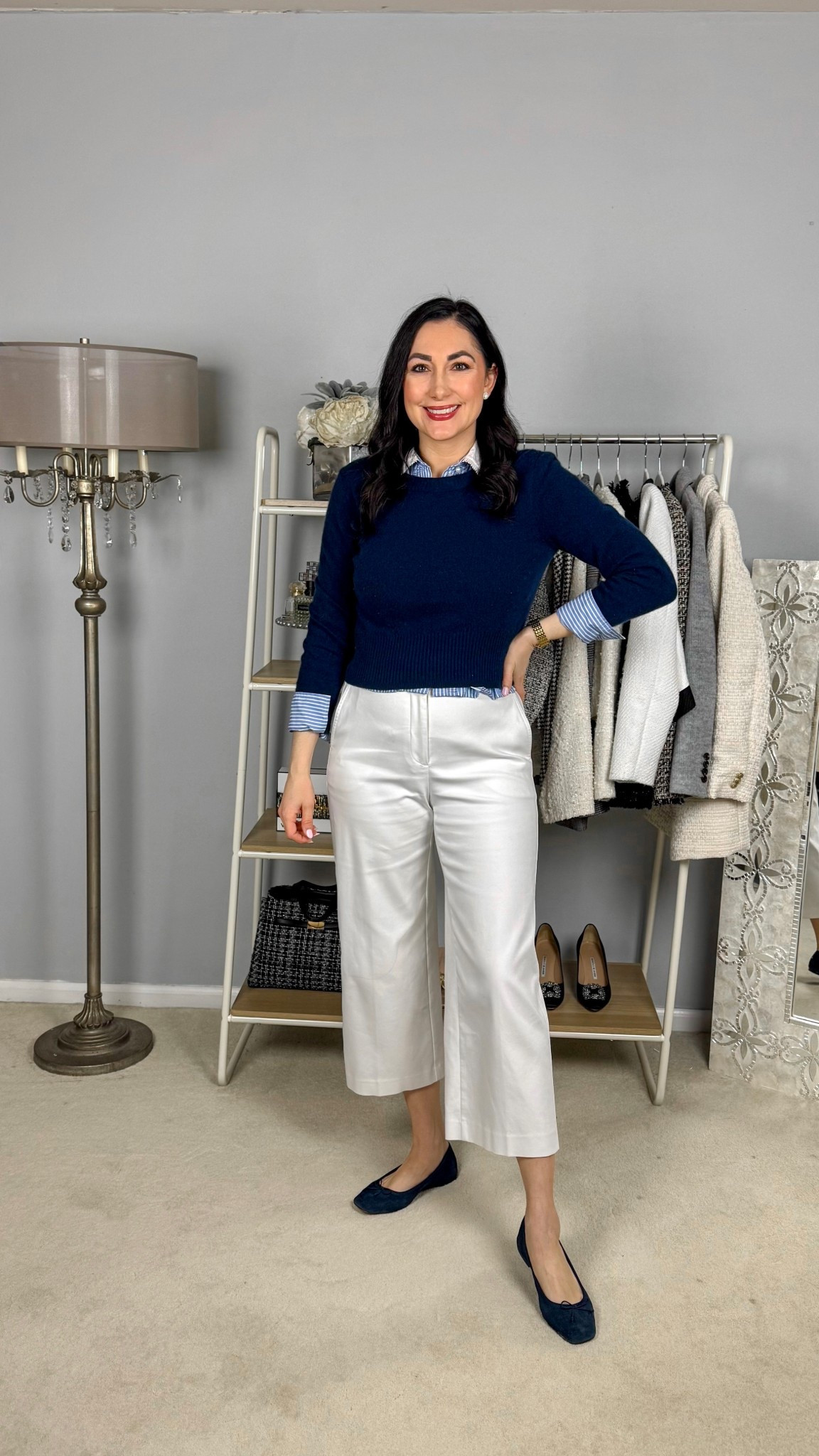 Spring work outfit of the day💙🤍

Navy cashmere sweater 
Blue and white collared button 
White wide leg pants
Navy ballet flats 

Work wear 
Office outfit 

#LTKootd #LTKSeasonal #LTKSaleAlert