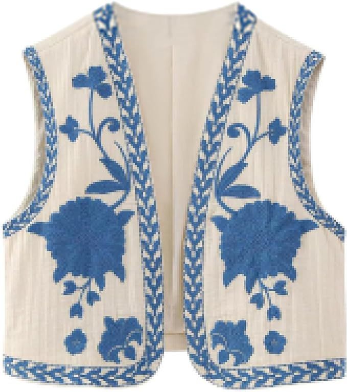Women's Vintage Embroidered Floral Vest Y2k Sleeveless Linen Open Shirt Blouse Fashion Crochet Fl... | Amazon (US)