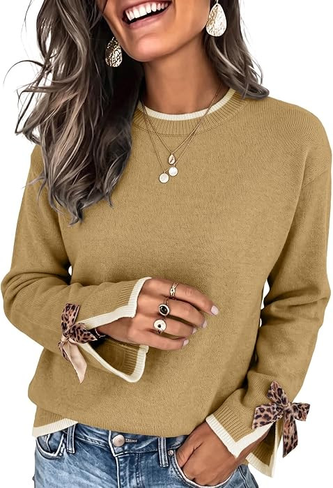 EVALESS Women's Sweaters Leopard Print Bow Long Sleeve Knit Tops | Amazon (US)