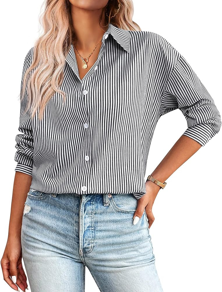 Zeagoo Striped Button Down Shirts for Women Casual Loose Long Sleeve Shirts Business Work Tunic T... | Amazon (US)