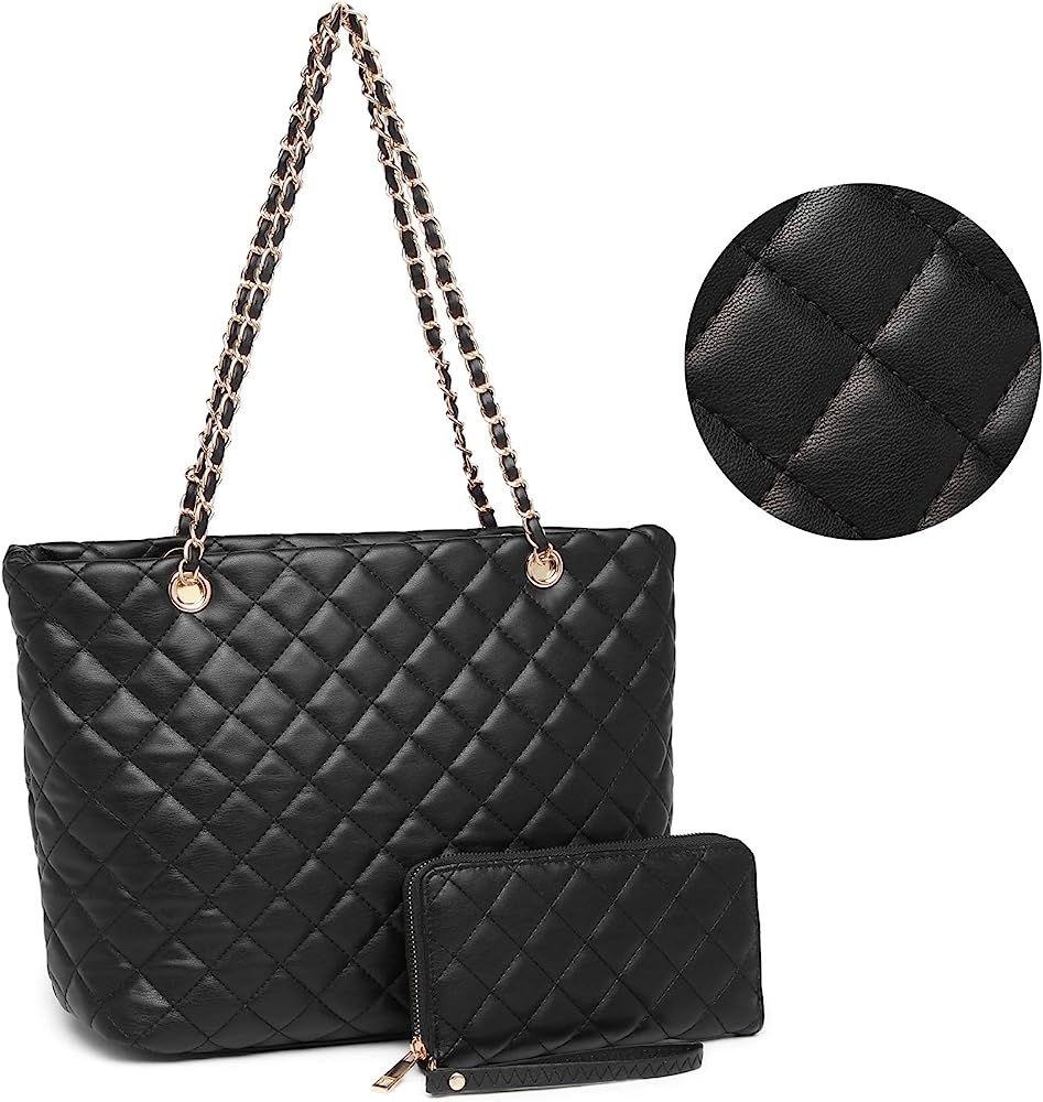 XB Tote Purse and Handbags Set for Women Leather Quilted Shoulder Bag Wristlet Wallet Zipper 2pcs... | Amazon (US)