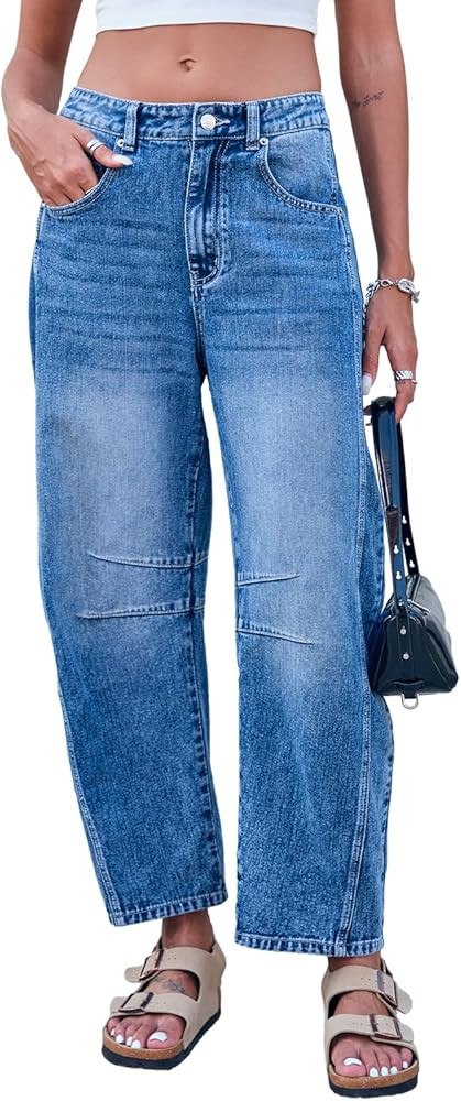 Mid Rise Barrel Jeans for Women Wide Leg Mid Waist Cropped Denim Pants Y2k Baggy Boyfriend Jeans ... | Amazon (US)