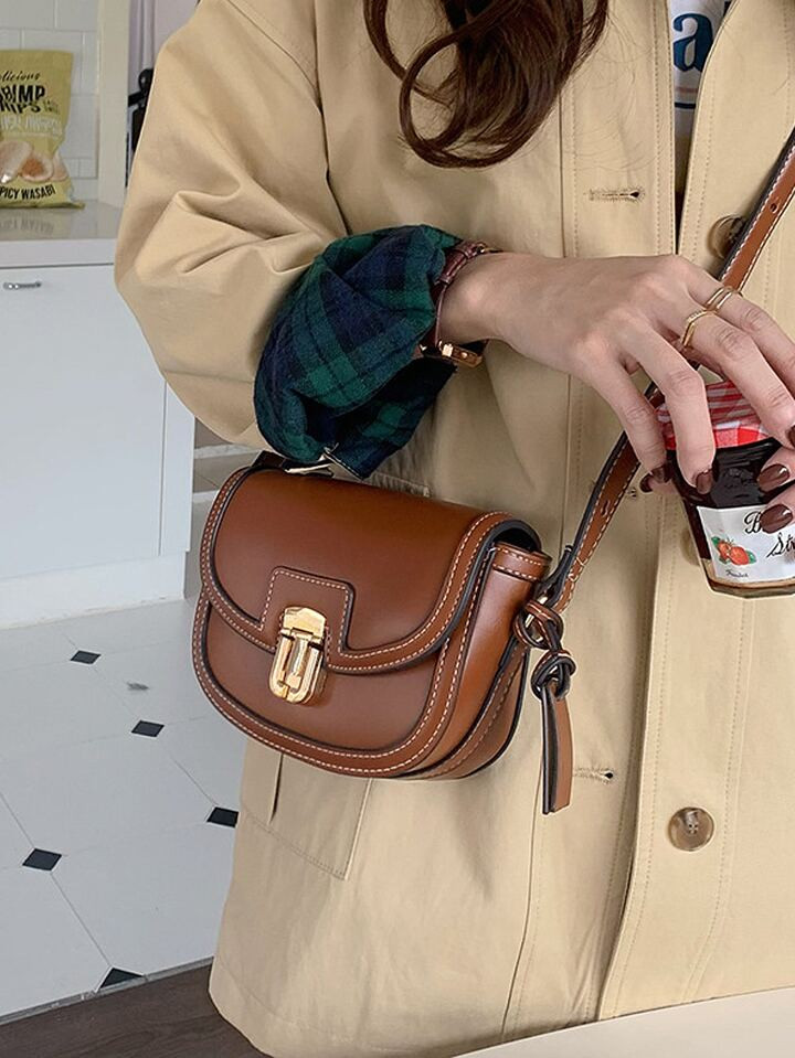 Brown Fashionable Women's Saddle Bag With Flap And Stitch Detailing, Crossbody Shoulder Bag | SHEIN