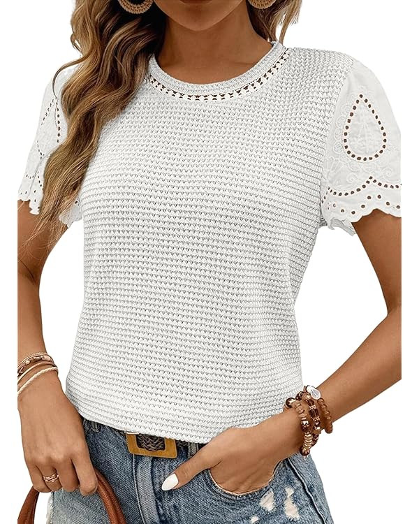 SHEWIN Womens Frenchy Summer Tops Crewneck Short Sleeve T Shirts Casual Waffle Knit Jacquard Blou... | Amazon (US)