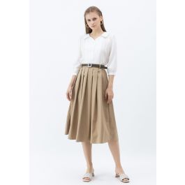 Classic Belted Pleated Midi Skirt in Tan | Chicwish