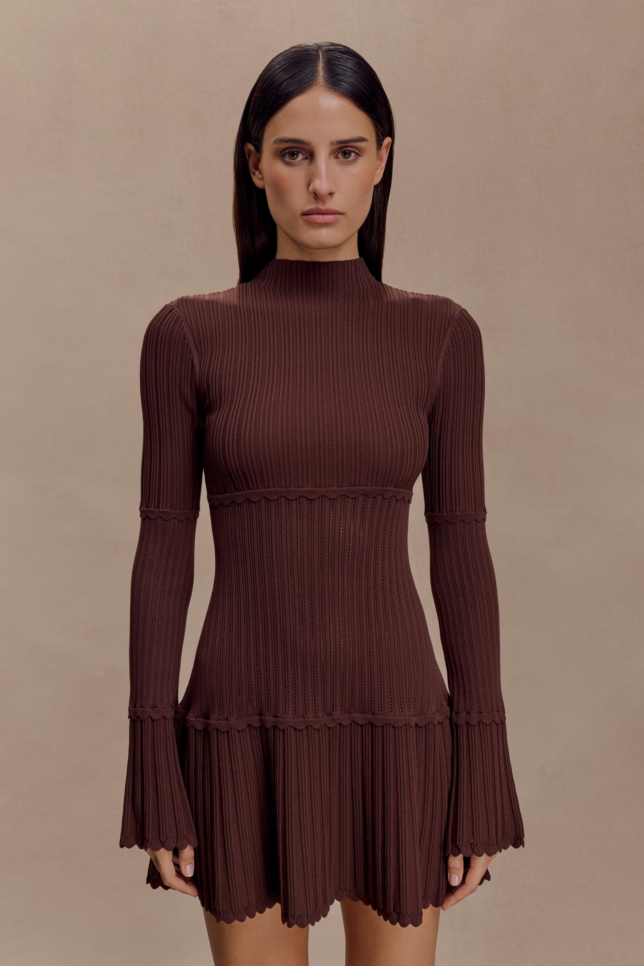 Adena Pointelle Knit Mini Dress - Chocolate | MESHKI US