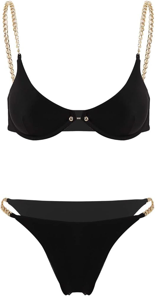 Women's Metal Chain Strap Bikini Swimsuit Stretchy Sexy Swimwear Bathing Suit Set | Amazon (US)