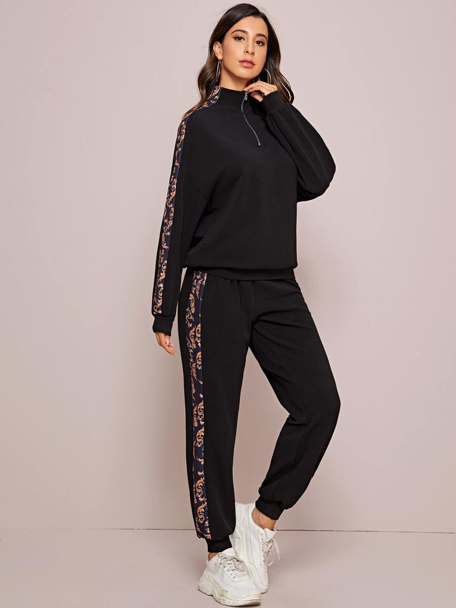 SHEIN Zip Half Placket Scarf Print Sideseam Pullover & Sweatpants Set | SHEIN