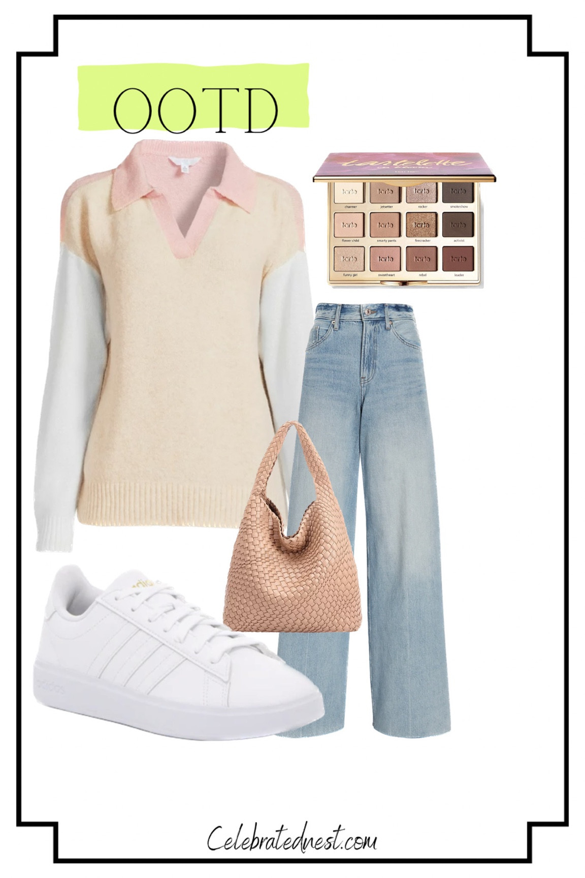 Walmart sweater, express wide legged raw hem jeans, Addidas, pink woven leather pocketbook, Tartelette eyeshadow palette 

#LTKstyletip #LTKshoecrush #LTKitbag