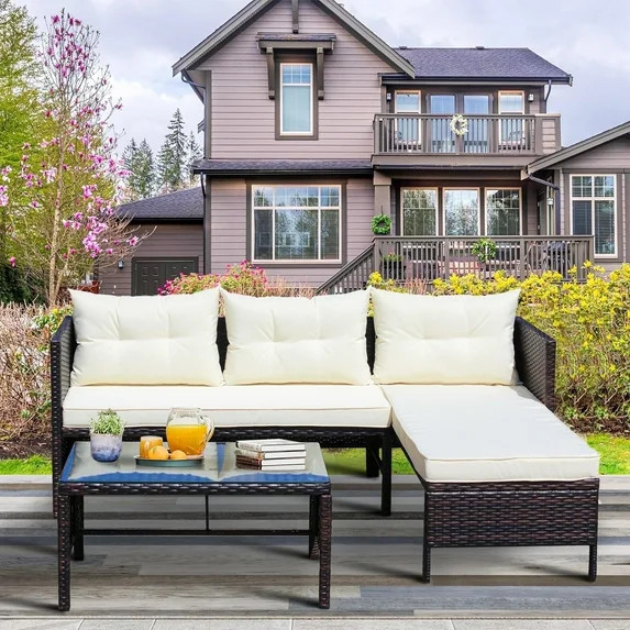 Segmart 3-Piece Patio sectional Furniture Sets, All-Weather Brown Wicker PE Rattan Sofa Chaise Lo... | Walmart (US)