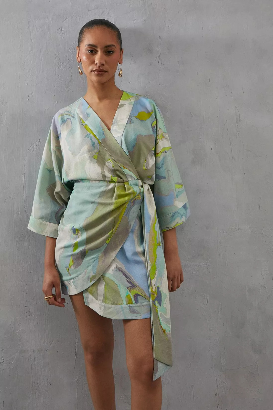 Dresses | Linen Wrap Marble Print Kimono Mini Dress | Warehouse | Debenhams UK